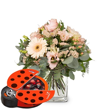 Delicate Seasonal Bouquet with Munz chocolate ladybird