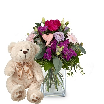 Flower bouquet 'Sweet Bloom' with teddy bear