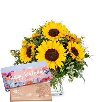 Flower bouquet 'Sunflowers Pure' with Munz bar of chocolate